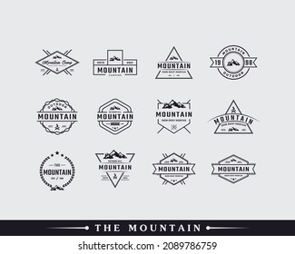 Set of Vintage Classic Emblem Badge Ice Snow Rocky Mountain Symbol. Creek River Mount Peak Hill Nature Landscape view Logo Design Inspiration
