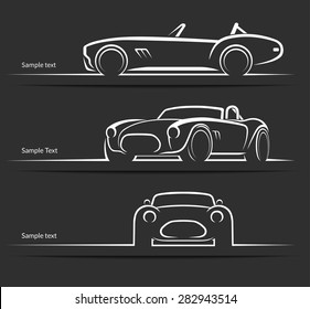 Set Of Vintage Classic Sports Car Silhouettes, Outlines, Contours  Isolated On Dark Background. Vector Illustration