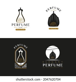 Set of Vintage Classic Style for Perfume Logo Design. With flower, and bottle icon. Luxury, Elegant, and Premium Logo
