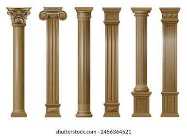 Conjunto clásico clásico de madera tallada columnas arquitectónicas con adorno para el interior o la fachada. Elementos de carpintería o balaustres. Vector gráfico