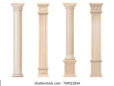 Set vintage classic wood carved architectural columns with ornament for interior or facade. Joinery elements or balusters. Vector graphics