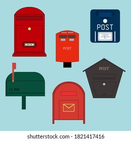 Set of vintage classical mailboxes. European, Russian, American mail service.  Letterboxes isolated collection. Vector icons in flat style. World post day.