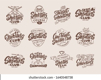 Set of vintage Clay Shooting emblems and stamps. Sports badges, templates and stickers for club. Collection of retro logos with hand-drawn text and phrases. Vector illustration.