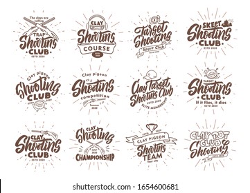 Set of vintage Clay Shooting emblems and stamps. Sports badges, templates and stickers for club with rays elements. Collection of sport logos with hand-drawn text, phrases. Vector illustration