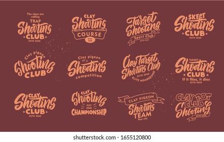 Set of vintage Clay Shooting phrases. Sports emblem, badges, templates and stickers for club on brown background. Collection of retro logos with hand-drawn text. Vector illustration