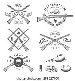 Set of vintage clay target and gun club labels, emblems and design elements