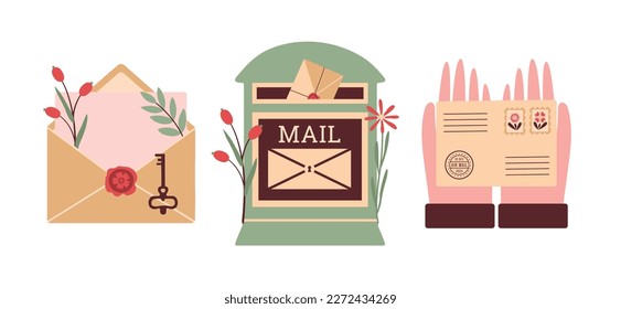 Set of vintage clip arts with postal objects. Flat design. Cute illustrations with mail box, flowers, plants, envelope, love letter, paper, key, hands holding letter. Retro concept.