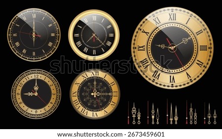 Set of Vintage Clock Faces illustration with Roman Numerals isolated 