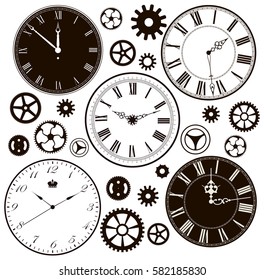 Set Of Vintage Clock Faces And Parts. Vector Illustration.