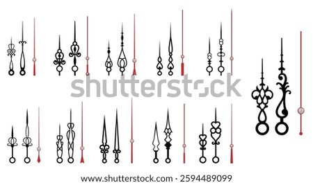 Set of Vintage Clock or Ornate Clock Hands Collection isolated.