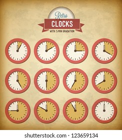 Set of vintage clocks with 5 minutes gradation