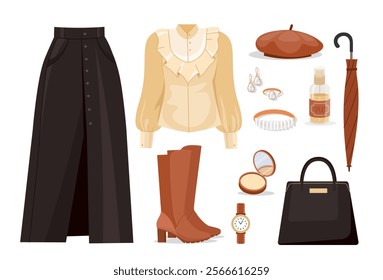 Set of vintage clothes. Retro black dress, beige blouse and brown boots. Aesthetics and elegance, fashion, trend and style. Flat vector collection isolated on white background