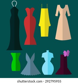 Set of vintage cocktail dress, evening celebrations and urban life.