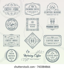 Set of vintage coffee badges and labels. Hand drawn vector design elements. Highly detailed illustration.