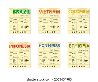 Set of vintage coffee labels with the logo of different countries. Finished design. Vector illustration, isolated on white background. EPS10.