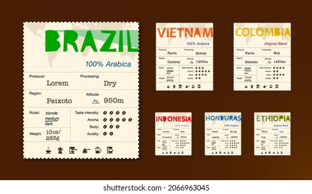 Set of vintage coffee labels with the logo of different countries. Finished design. Vector illustration, isolated on white background. EPS10.	