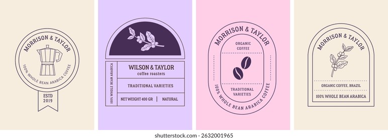 Set of vintage coffee logo and label designs with moka pot, coffee beans, and botanical illustrations. Retro badges for artisan roasters, organic coffee packaging, and boutique branding.