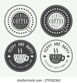 Set of vintage coffee logos, labels and emblems with cup, dish and grains