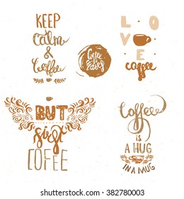 Set of Vintage coffee quote Labels, quote logo templates isolated on white background.