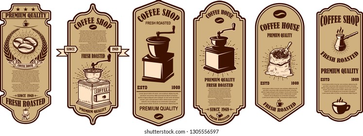 Set of vintage coffee shop flyer templates. Design elements for logo, label, sign, badge. Vector illustration