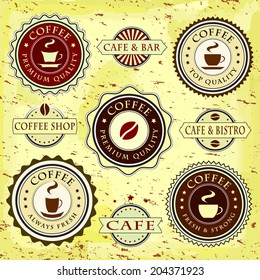 Set of vintage coffee stickers, labels, stamps and badges, design elements, brown, red and green isolated on yellow background, vector illustration.