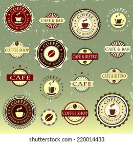 Set of vintage coffee stickers, labels, stamps and badges, design elements, isolated on retro background, vector illustration.