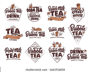 Set of vintage Cold Bubble tea emblems and stamps. Colorful badges, stickers on white background isolated. Collection of retro logos with hand-drawn text, phrases. Vector illustration