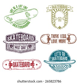 Set of vintage color logos, badges, badges, labels, stickers with skateboard and cap. Retro style. Grungy texture. Vector.