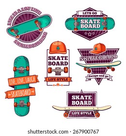 Set of vintage color logos, badges, badges, labels, stickers with skateboard and cap. Retro style. Vector.