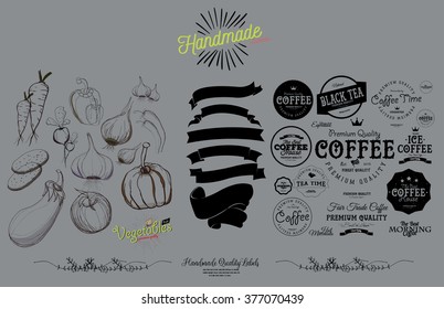 Set of Vintage color vegetables hand-draw illustration / And vintage retro coffee badges / labels / Ribbons