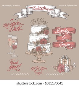 Set of vintage color Wedding related sketches and brush calligraphy. Includes wine glass, ribbon banner and cake decor sketch. Great for holiday design.