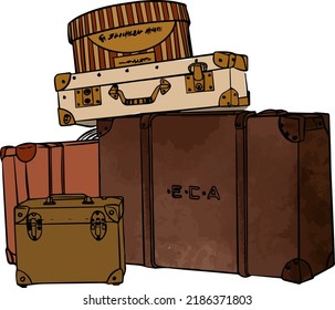 Set of vintage colored suitcases vector. Vector drawn by hand