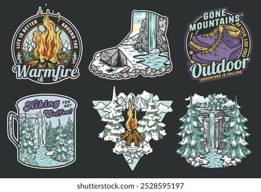 Conjunto de insignias de colores vintage con paisajes de bosque nevado, hoguera, botas de senderismo y cascada para el club de aventura de camping de invierno