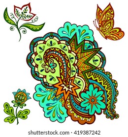 Set of Vintage Colorful Calligraphic Patterns, Symbolic Flowers, Butterfly and Abstract Ornament Isolated On White Background. Vector