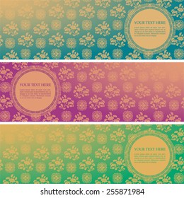 Set of vintage colorful classical oriental floral pattern horizontal banners with round space for text 