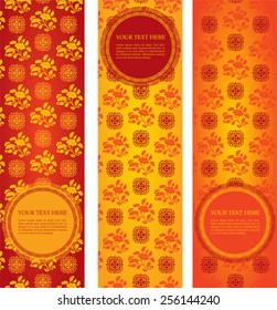 Set of vintage colorful classical oriental floral pattern vertical banners with round space for text 