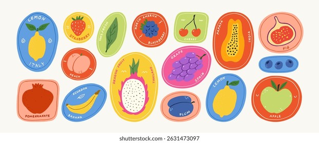 Set of vintage colorful fruit and berry sticker. Hand drawn organic food labels. Lemon, mango, apple, dragon fruit, banana, strawberry, cherry. Tropical exotic summer fruits. Vector flat illustration.