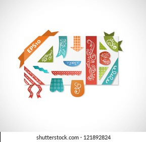 Set of vintage colorful label and ribbon with calligraphic ornament. Vector illustration for your business design.