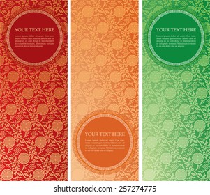 Set of vintage colorful traditional Chinese pattern background vertical banners with round space for text