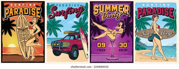 Set of vintage colour surfing posters with pin up girls, SUV car on beach