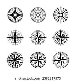 Set of Vintage Compass marine wind rose, nautical chart. Monochrome navigational compass with cardinal directions of North, East, South, West. Geographical position, cartography and navigation. 