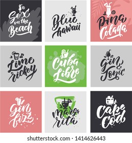 Set of vintage composition for Cocktail party. Collection of drink lettering phrase is good for t-shirt designs, ads, stickers, cards, labels, etc. This emblems is a vector illustration