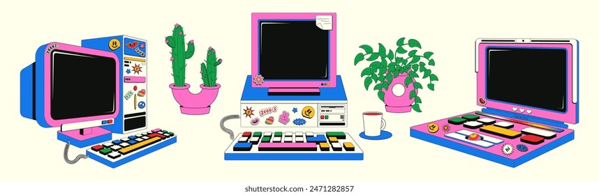 Set of vintage computers in retro groovy style. Vector illustration of desktop computers with stickers. Y2k aesthetics.