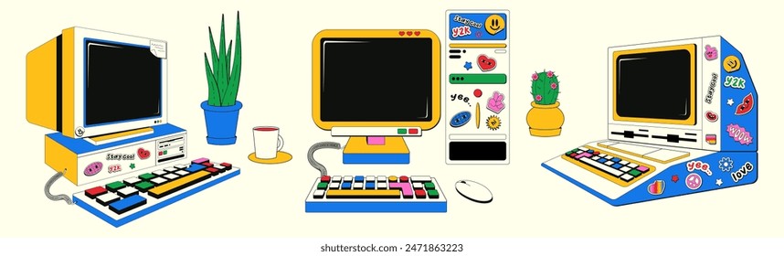 Conjunto de ordenadores antiguos en estilo retro groovy. Ilustración vectorial de computadoras de escritorio con pegatinas. Estética Y2K.