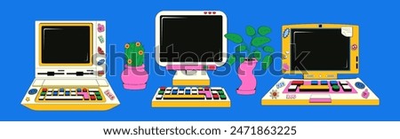 Set of vintage computers in retro groovy style. Vector illustration of desktop computers with stickers. Y2k aesthetics.