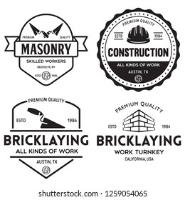 Set of vintage construction and bricklaying labels. Posters, stamps, banners and design elements. Vector illustration