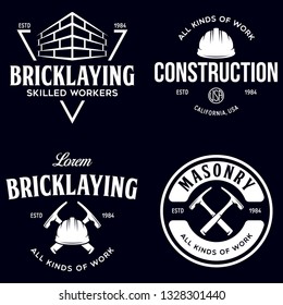 Set of vintage construction and bricklaying labels. Posters, stamps, banners and design elements. Vector illustration