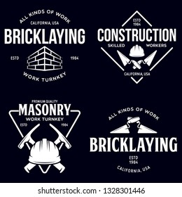 Set of vintage construction and bricklaying labels. Posters, stamps, banners and design elements. Vector illustration