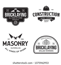 Set of vintage construction and bricklaying labels. Posters, stamps, banners and design elements. Vector illustration