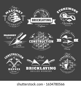Set of vintage construction labels isolated on black background. Posters, stamps, banners and design elements. Vector illustration